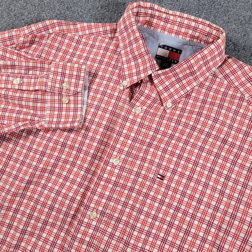 Tommy Hilfiger Shirt Mens Large Red White Plaid Button Down Classic Casual 90s